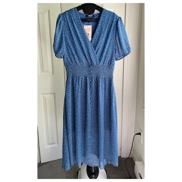 Fashion Blue V Neck Midi Sheer Lined Dress Elastic Waist Boho Chic, Size S - Picture 1 of 11